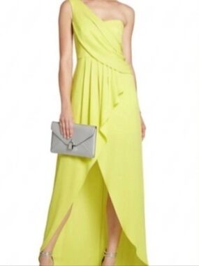 BCBGMaxAzria One-Shoulder Chartreuse Draped Evening Gown